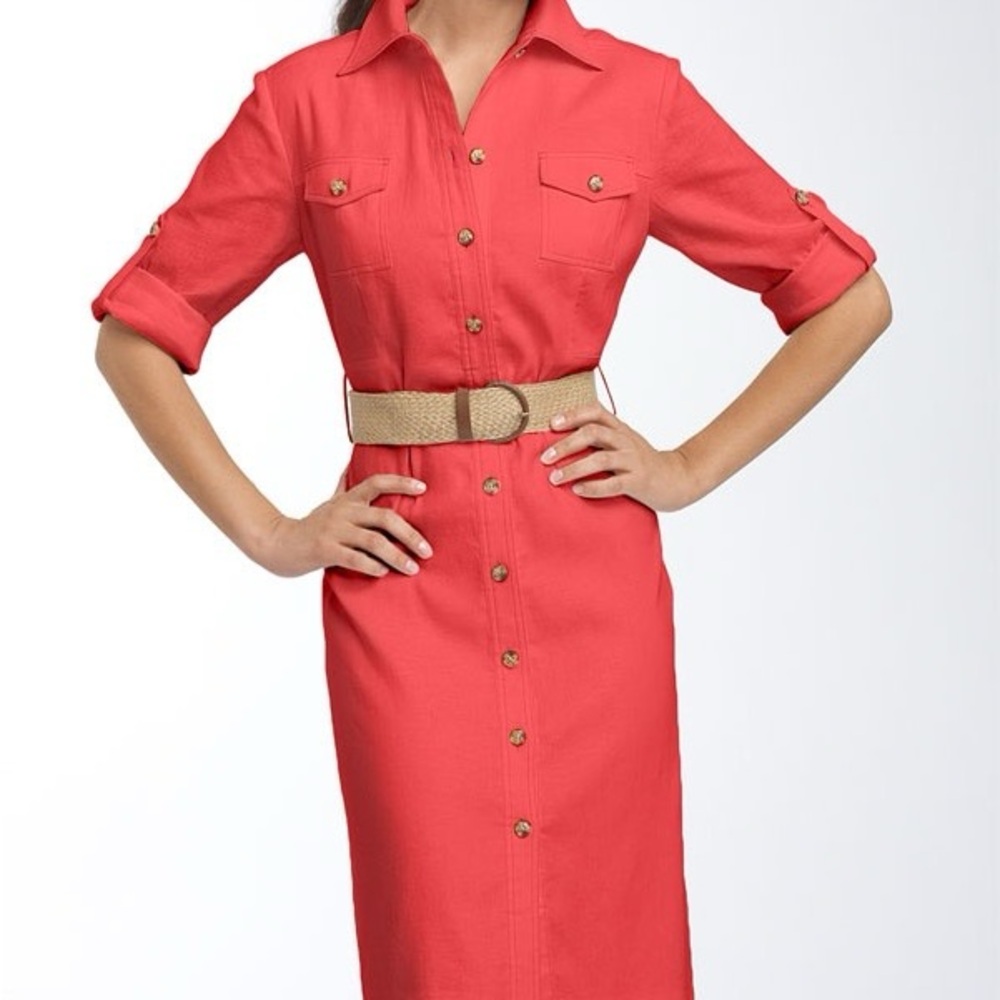 Coral Button-Down Shirt Dress with Belt
